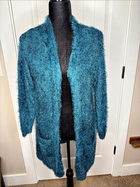 CHELSEA & THEODORE Open Front Eyelash Knit Blue Cardigan